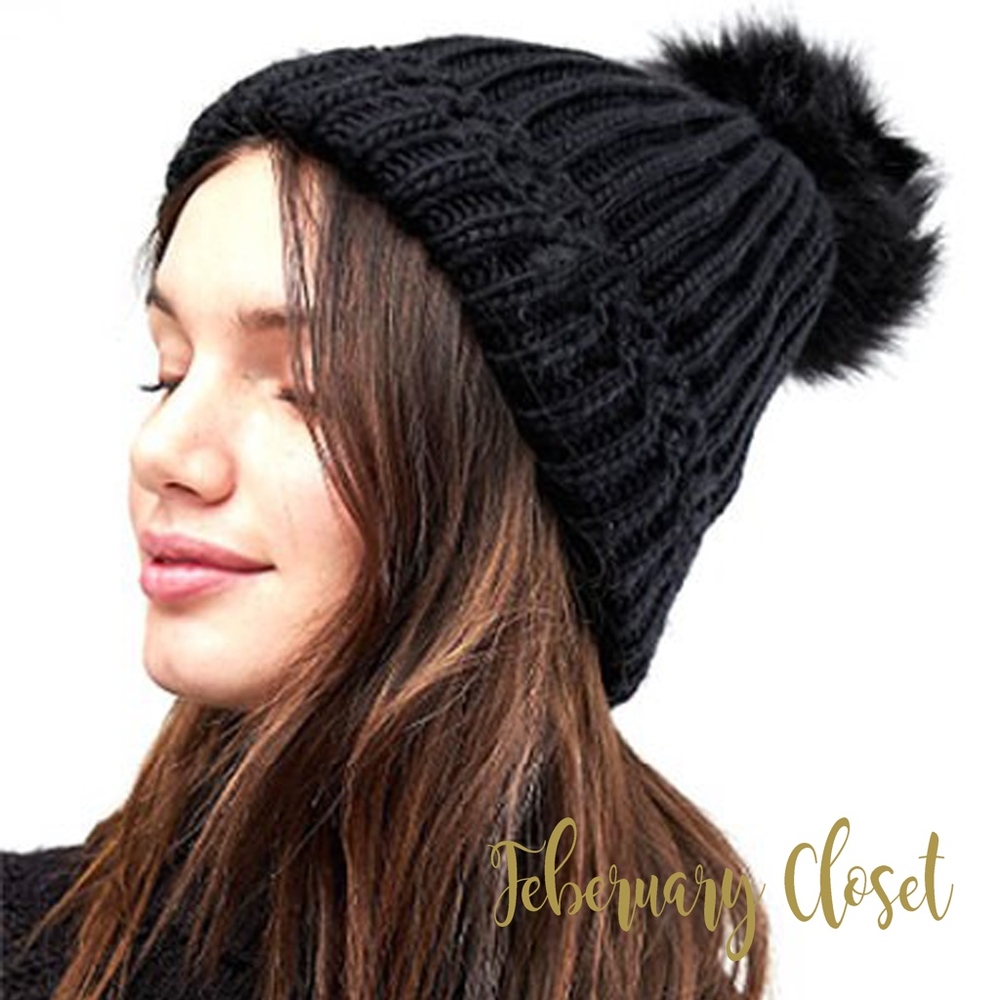 Black Knit Beanie with Fur Pom